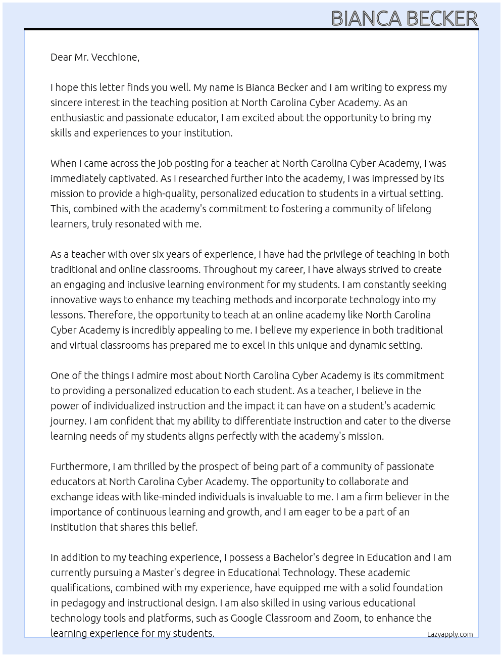 teacher At North Carolina Cyber Academy Cover Letter