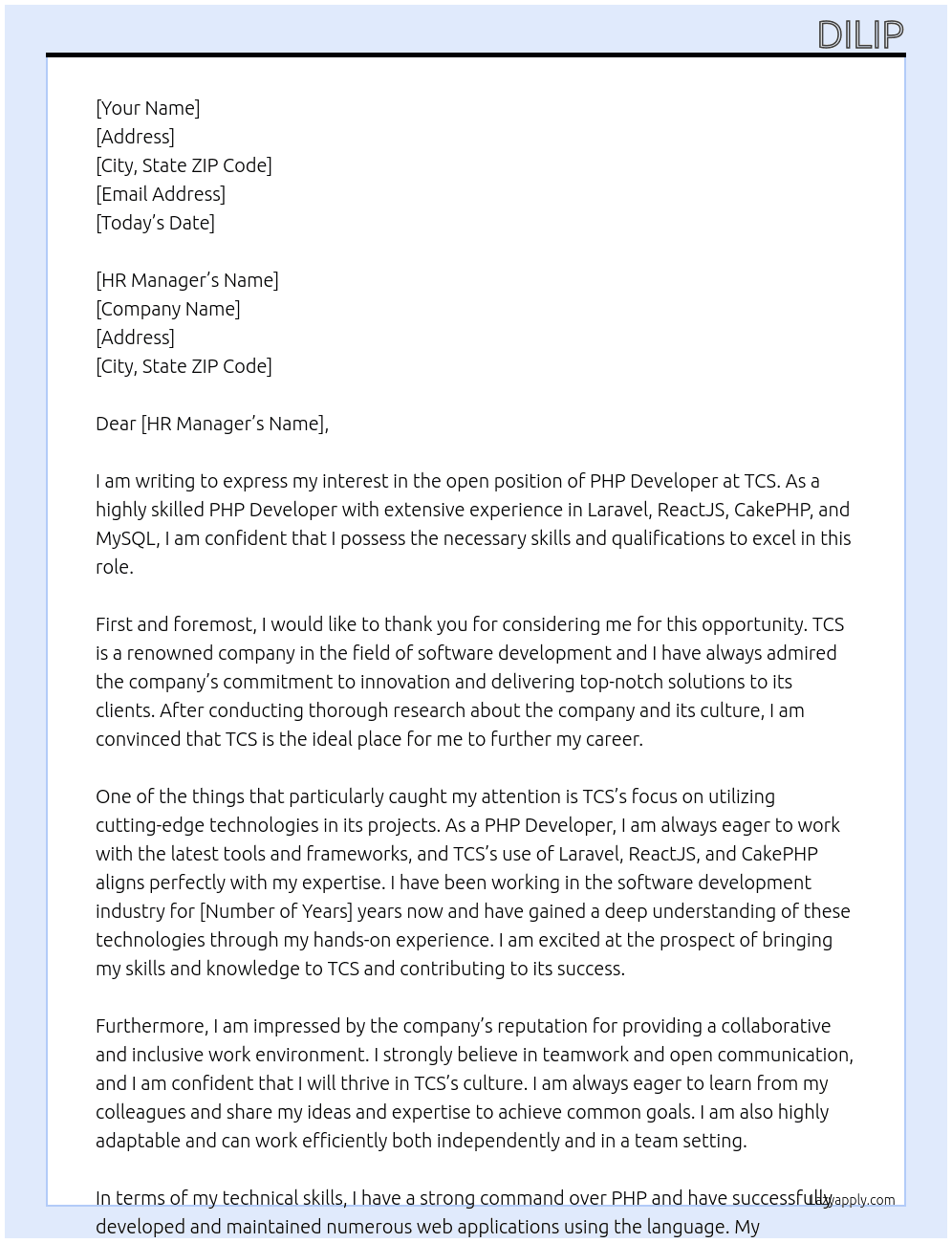 PHP Developer At TCS Cover Letter