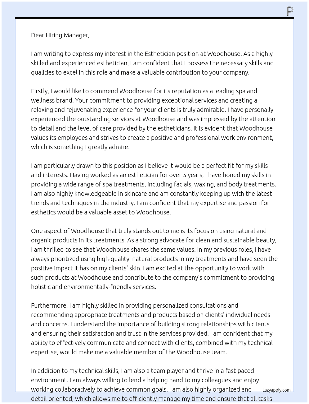 esthetician At woodhouse Cover Letter