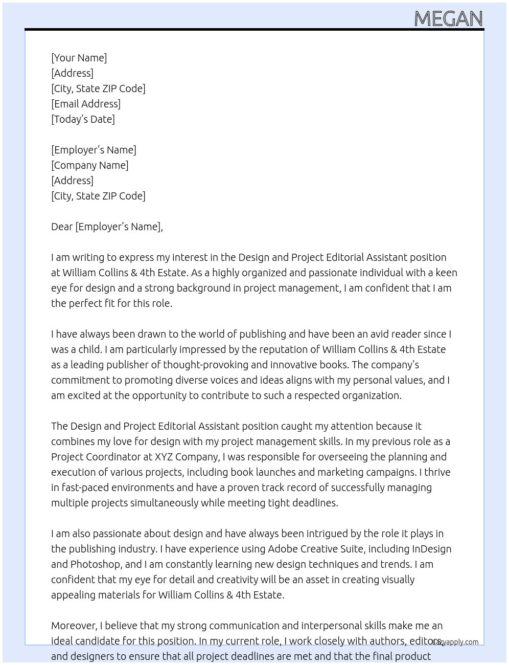 Design and Project Editorial Assistant  At William Collins & 4th Estate Cover Letter