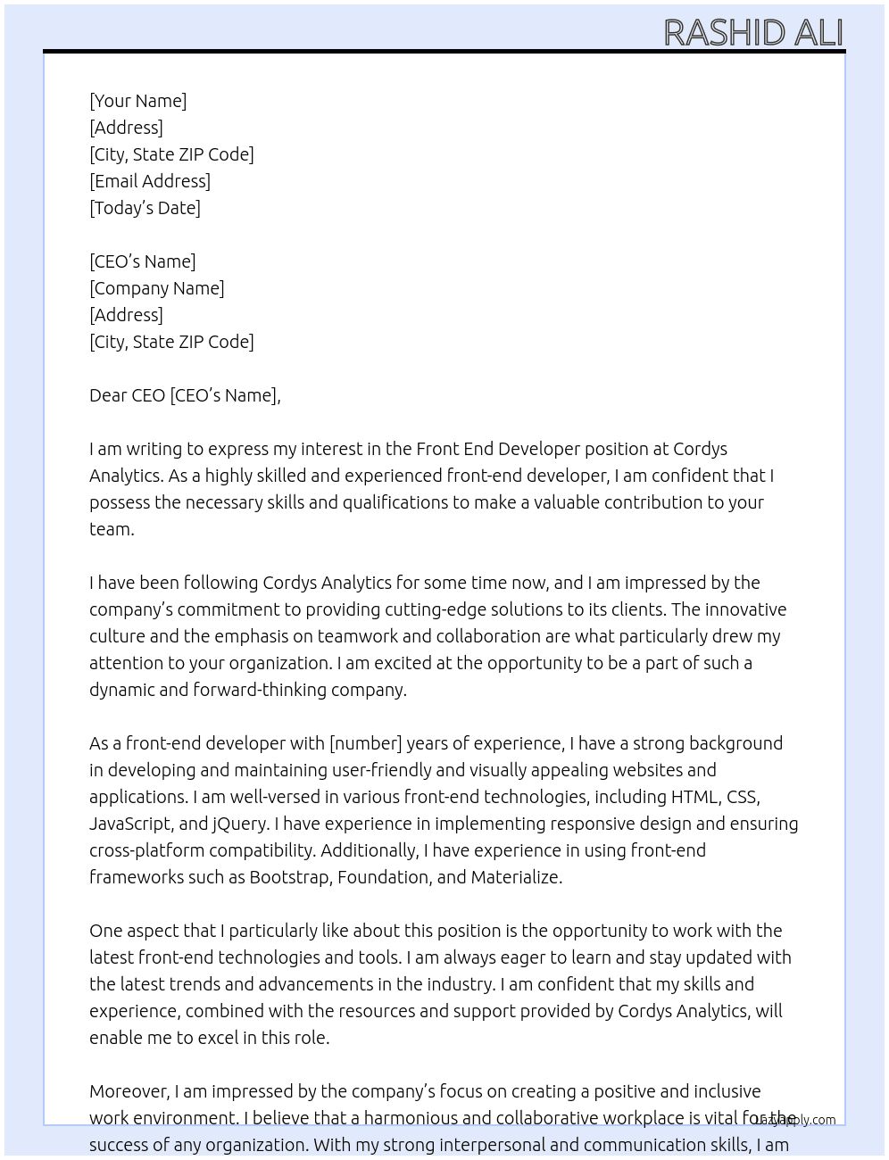 Front end developer At Cordys analytics Cover Letter