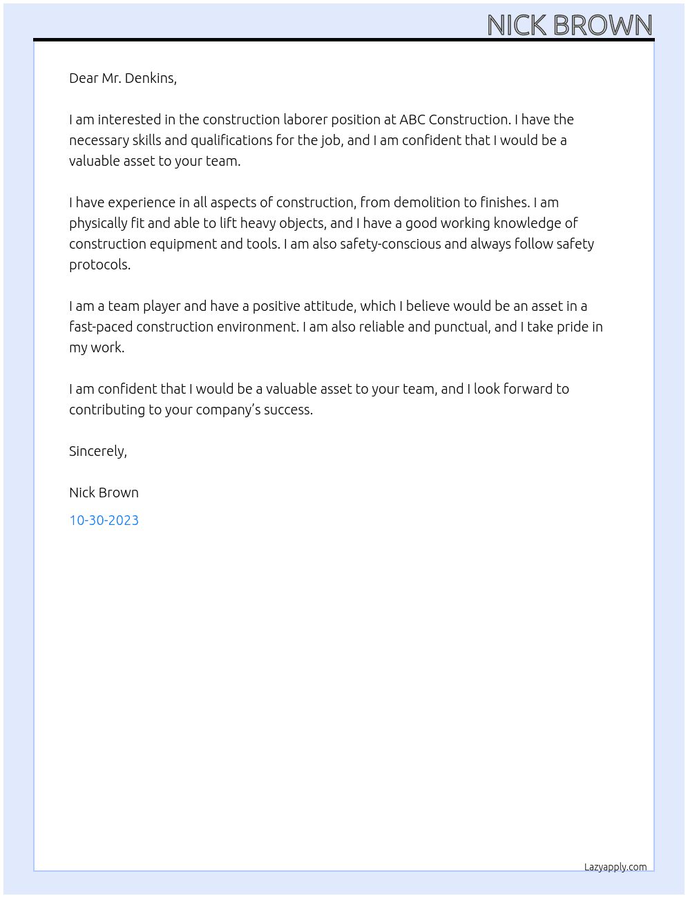 Construction Laborer  At ABC Construction Cover Letter