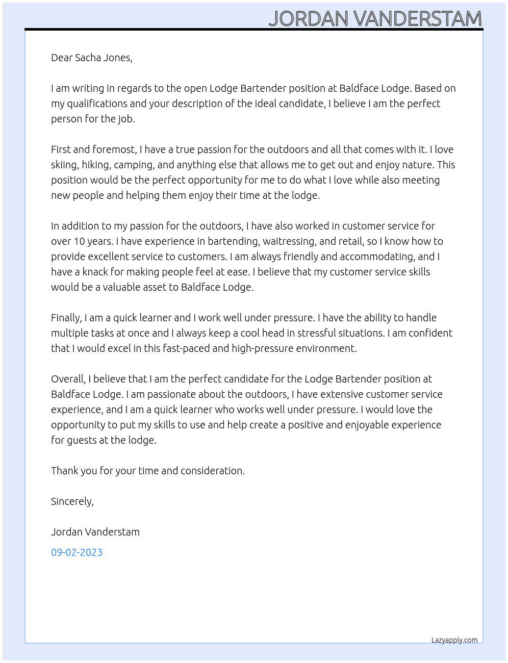 Lodge Bartender At Baldface Lodge Cover Letter