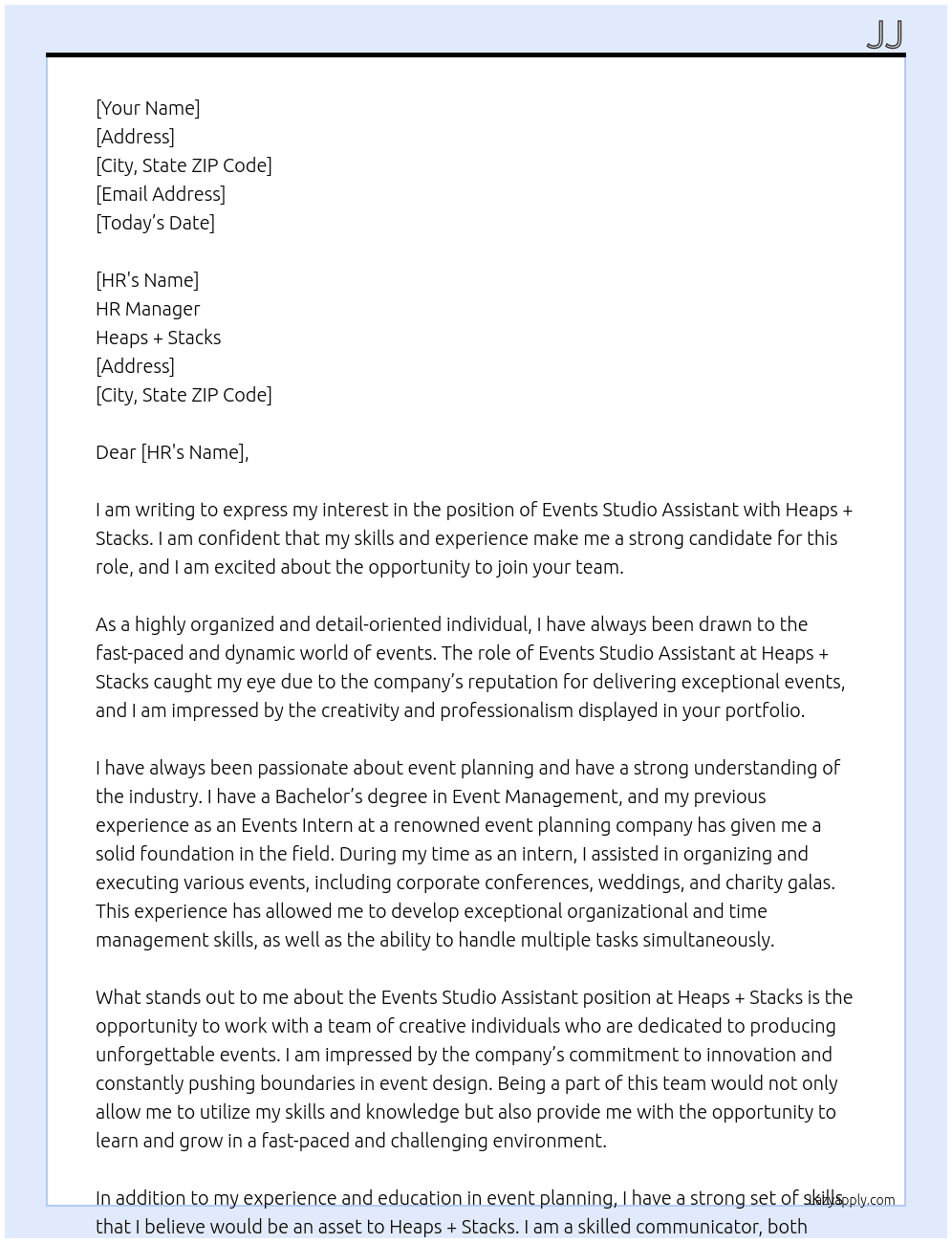 events studio assistant At heaps + stacks Cover Letter