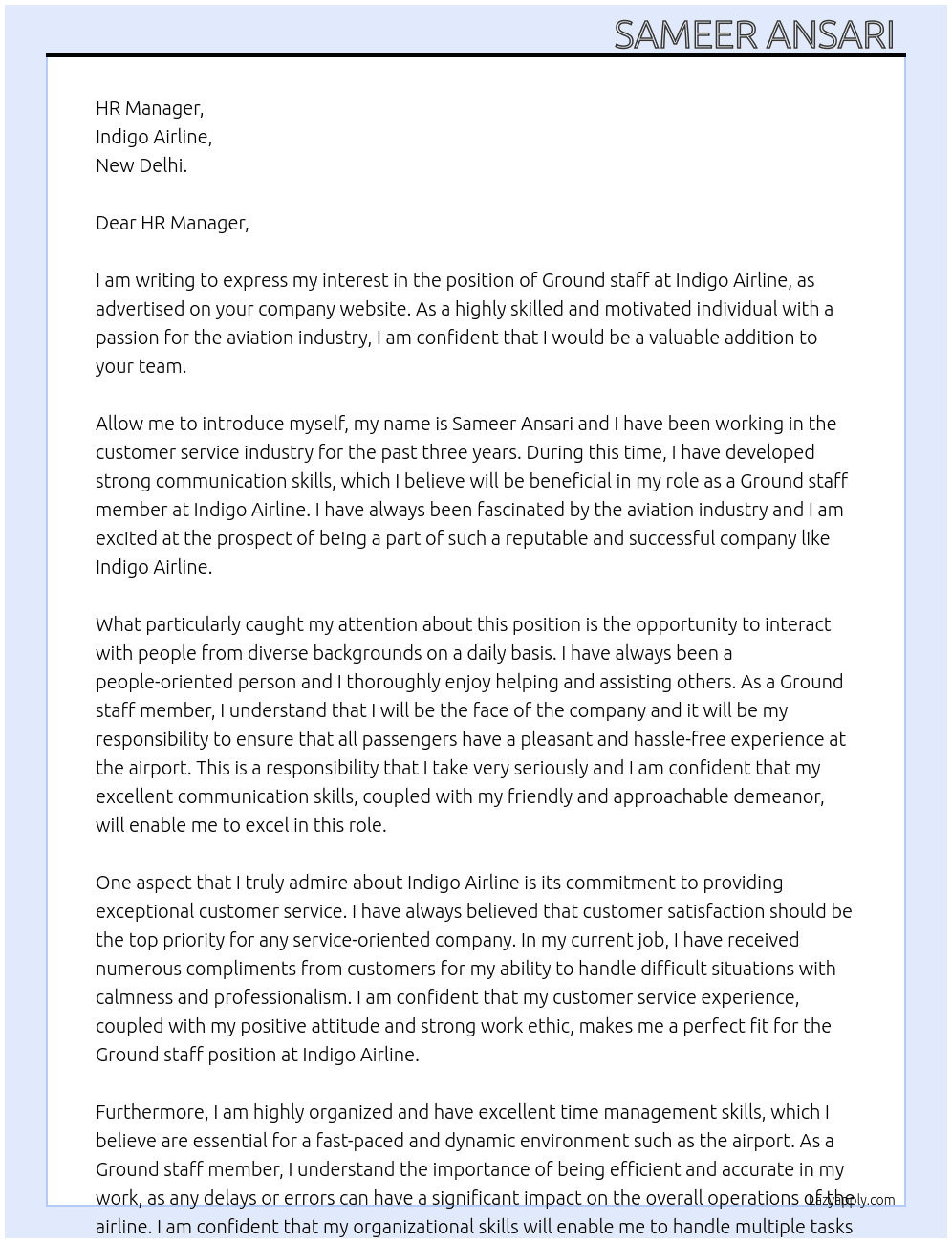 Ground staff  At Indigo ailine  Cover Letter
