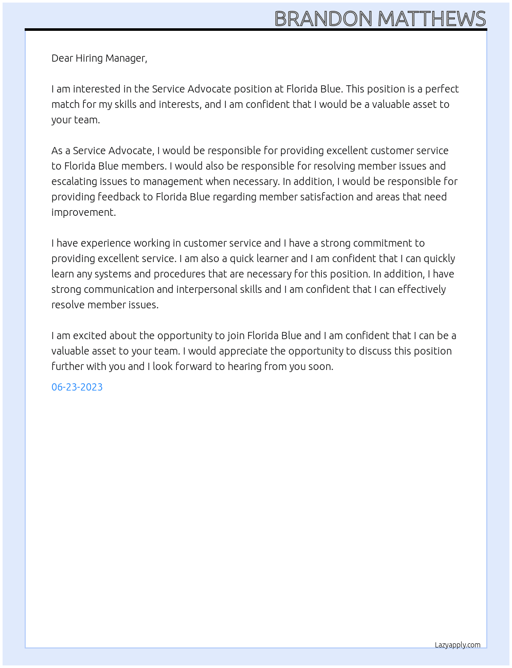  Service Advocate At Florida Blue Cover Letter