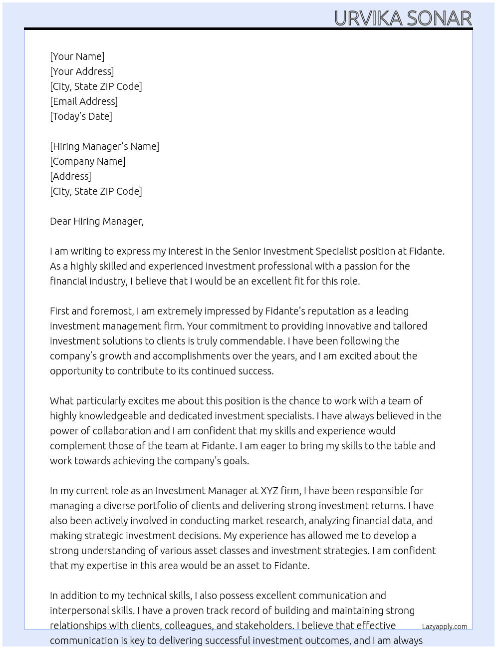 Cover letter for senior investment specialist - LazyApply