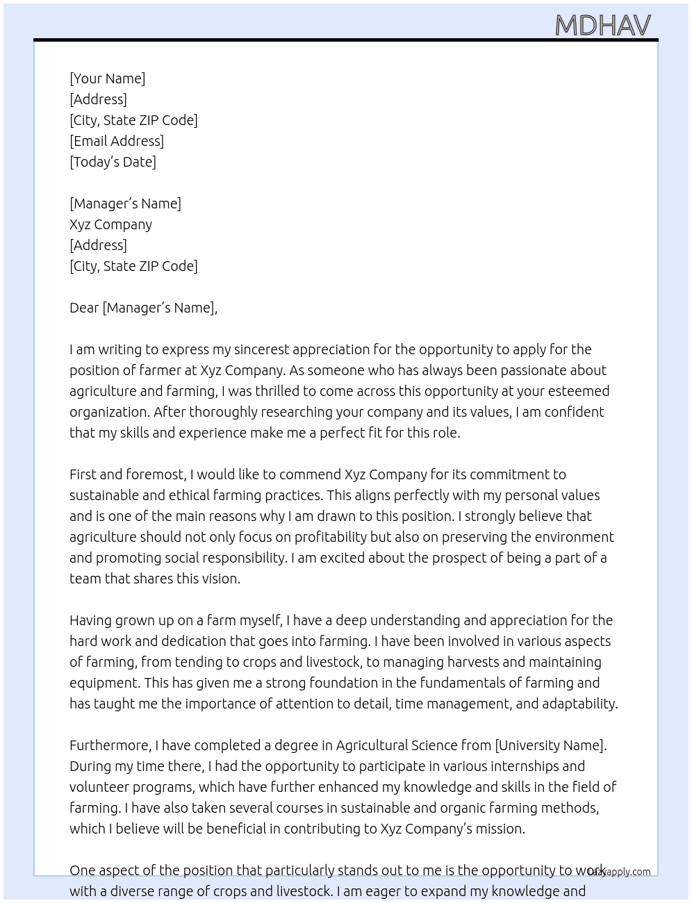 farmer  At Xyz Cover Letter