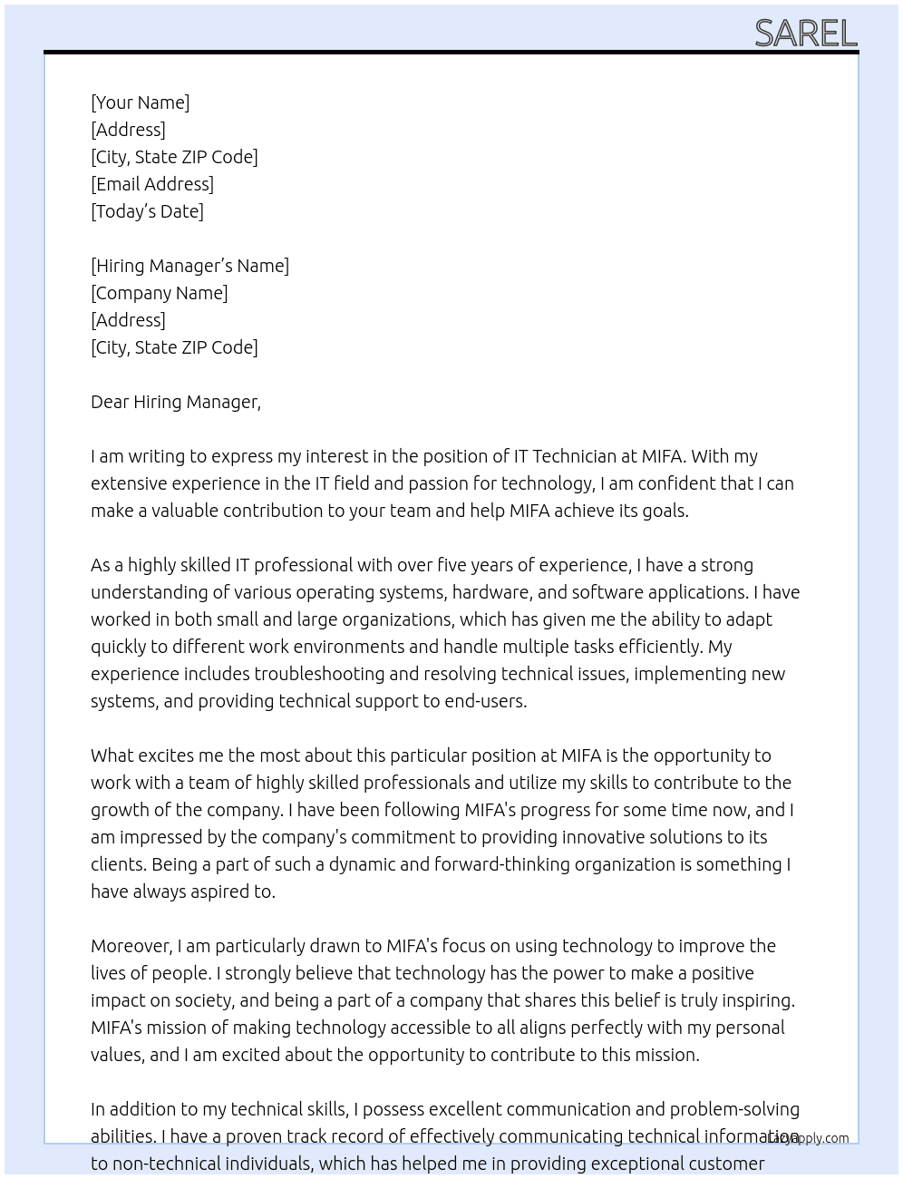 IT Technician At MIFA Cover Letter
