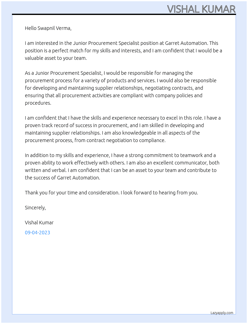 Junior Procurement Specialist At Garret Automation Cover Letter