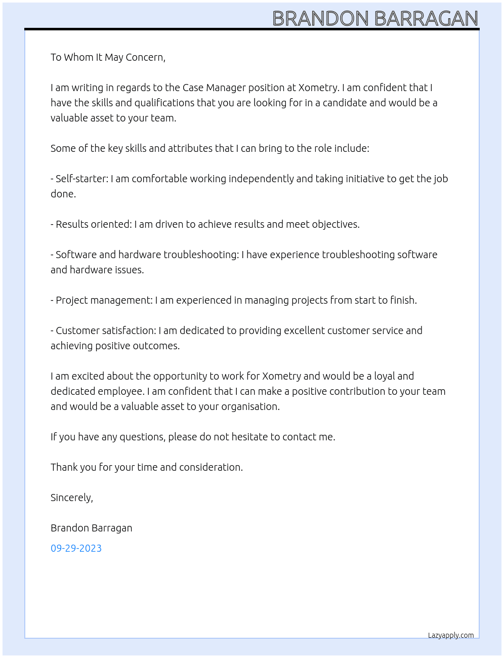 Case Manager At Xometry Cover Letter