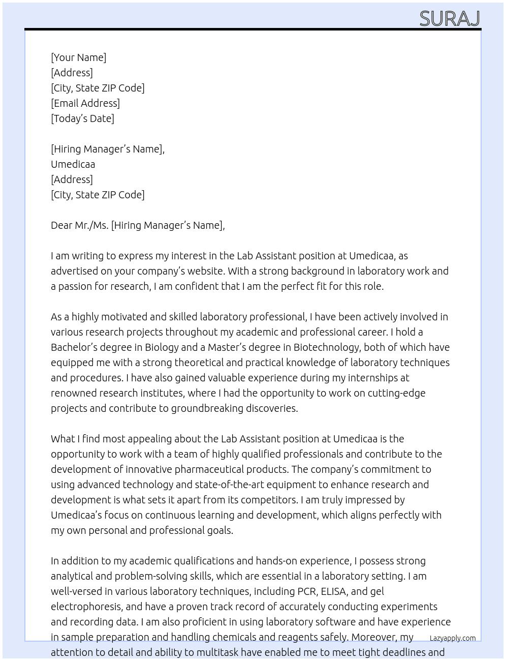 Lab assiant At Umedicaa Cover Letter
