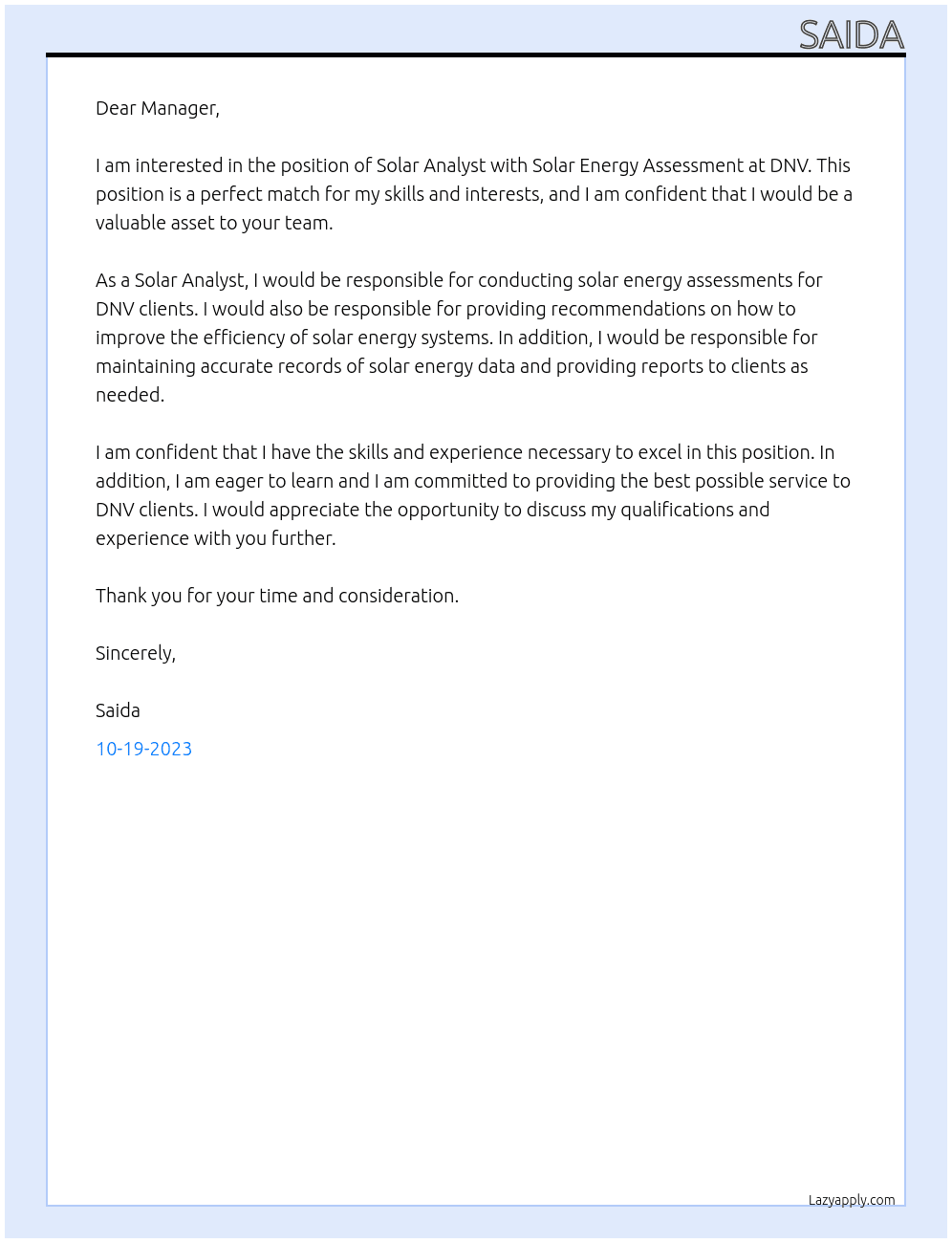 Solar Analyst, Solar Energy Assessment At DNV Cover Letter