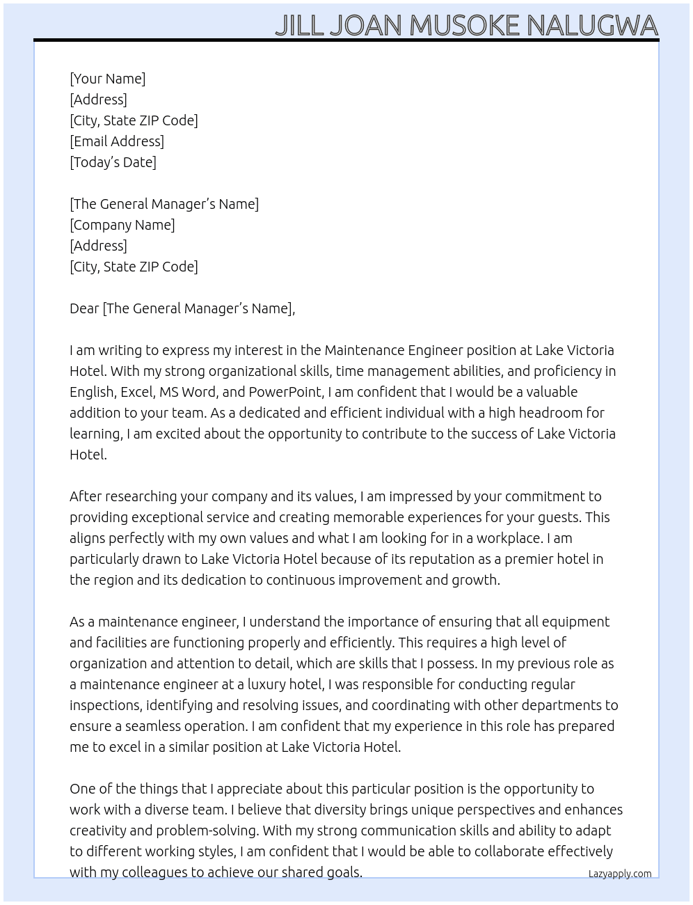 Maintenance Engineer At Lake Victoria Hotel Cover Letter