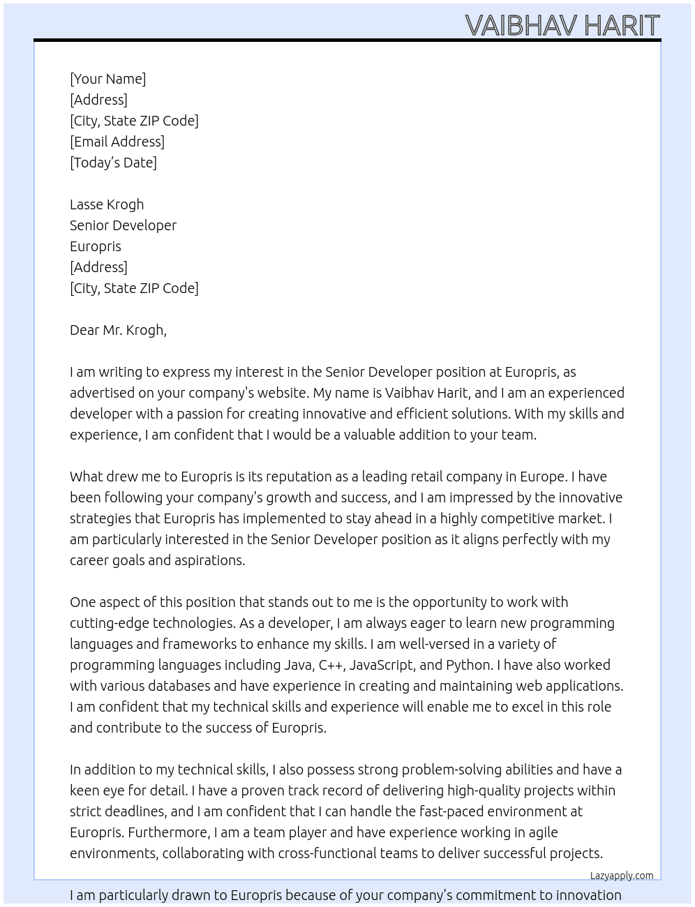 Senior Developer At Europris Cover Letter