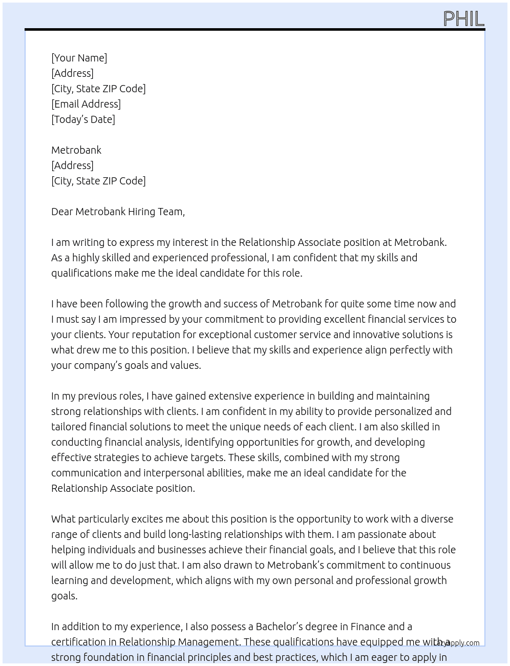 Relationship Associate At Metrobank Cover Letter