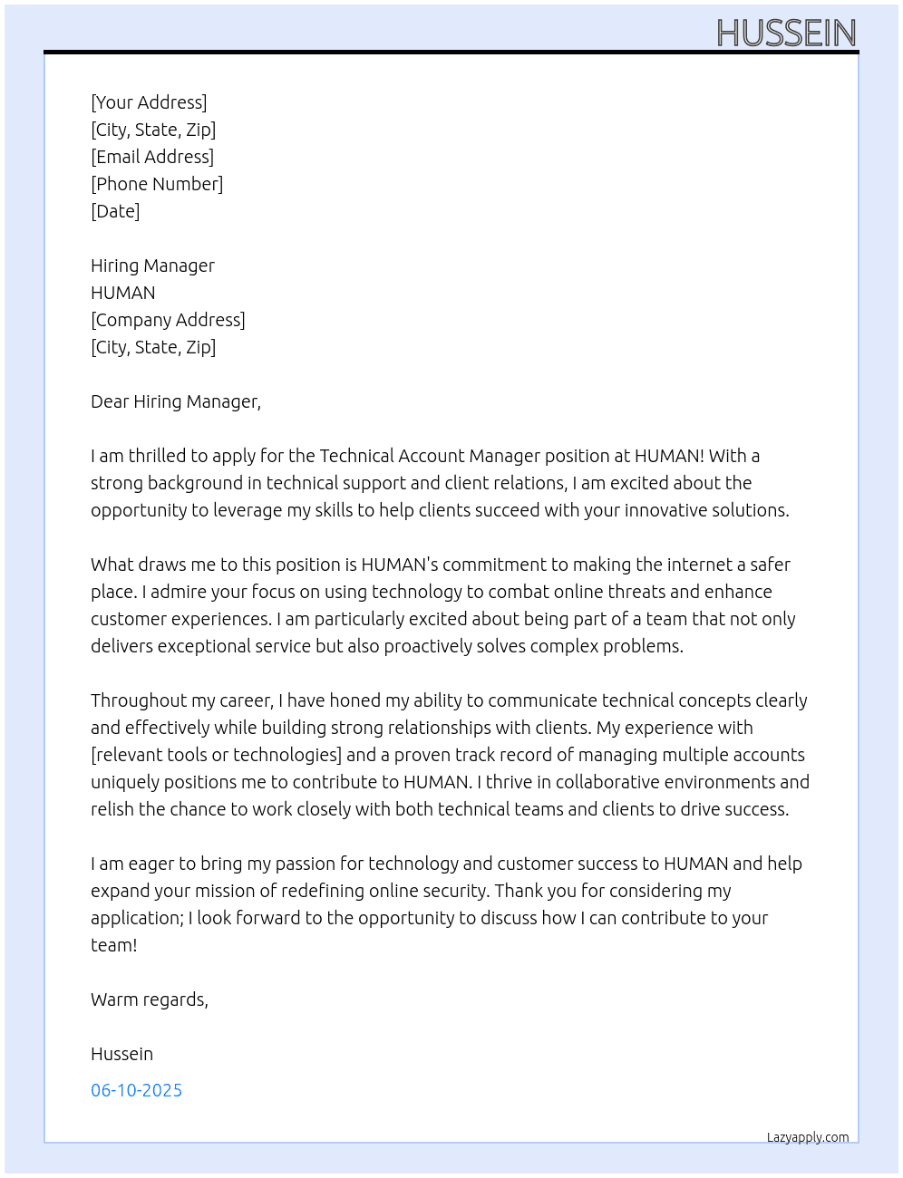 Technical Account Manager At HUMAN Cover Letter