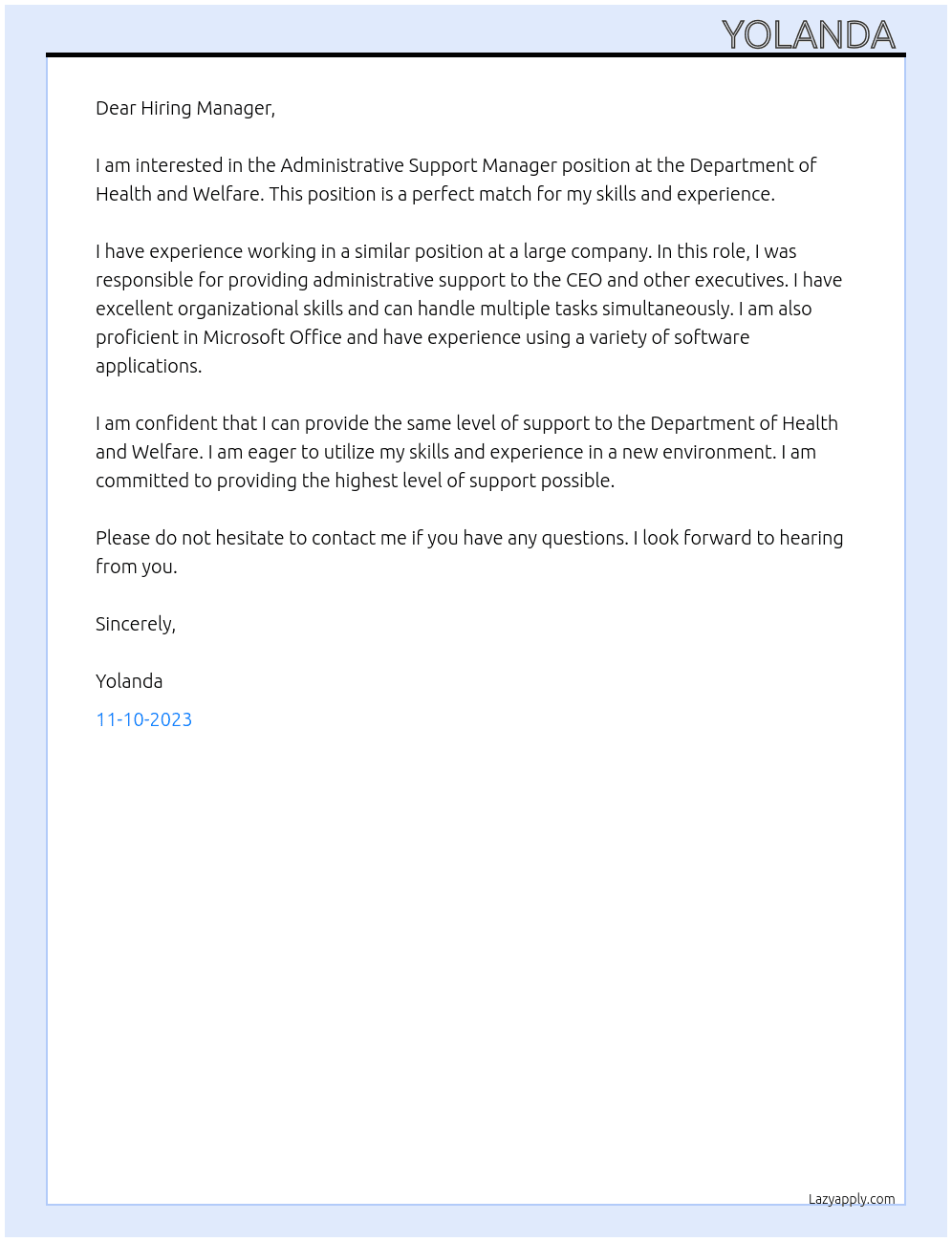 Administrative Support Manager  At Department of Health and Welfare Cover Letter
