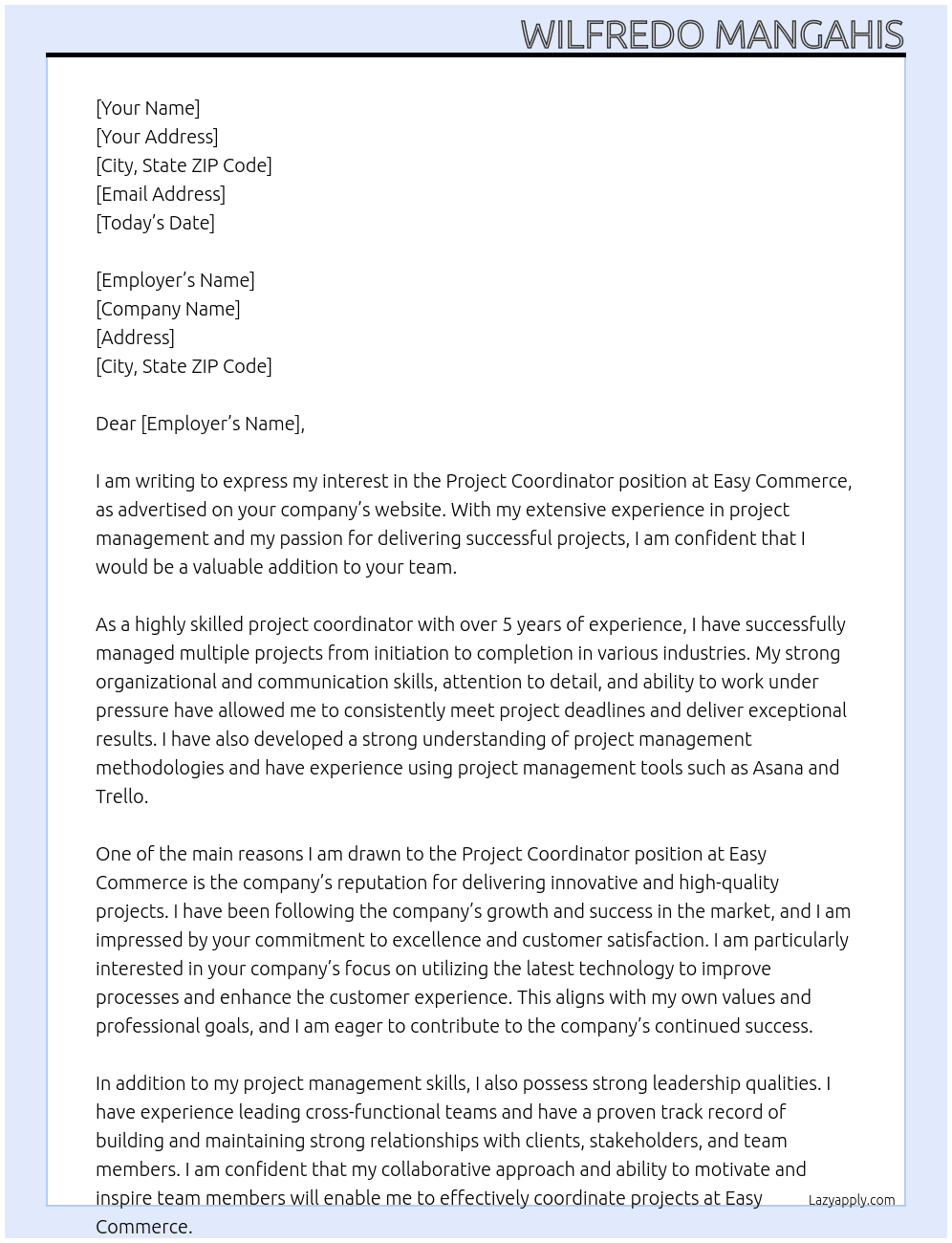 Project Coordinator At Easy Commerce Cover Letter