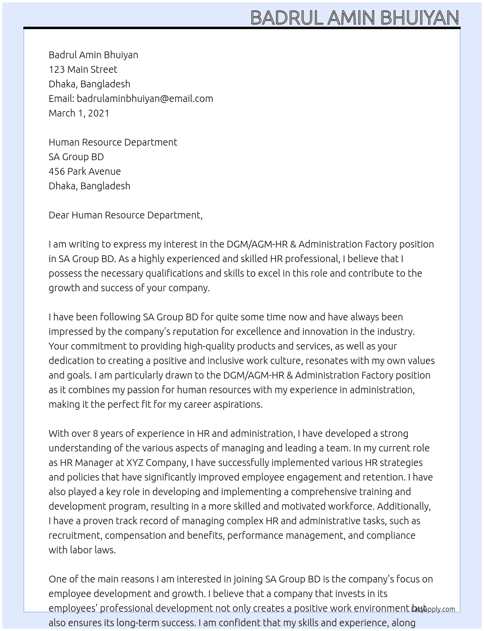 DGM/AGM-HR &ADMINISTRATION FACTORY At SA GROUP BD Cover Letter