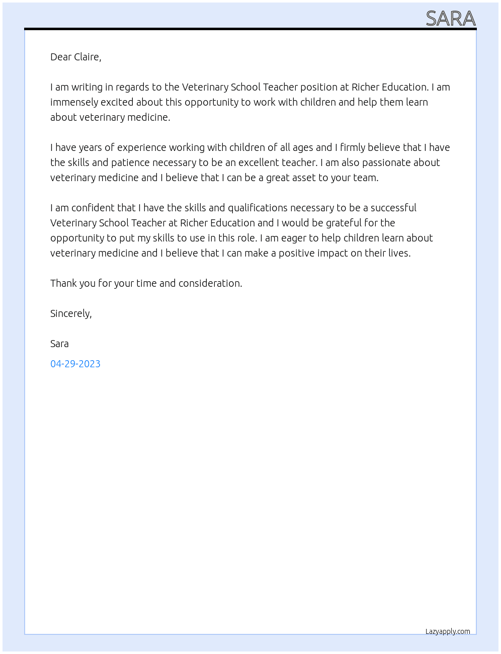 Veterinary School Teacher At Richer Education Cover Letter