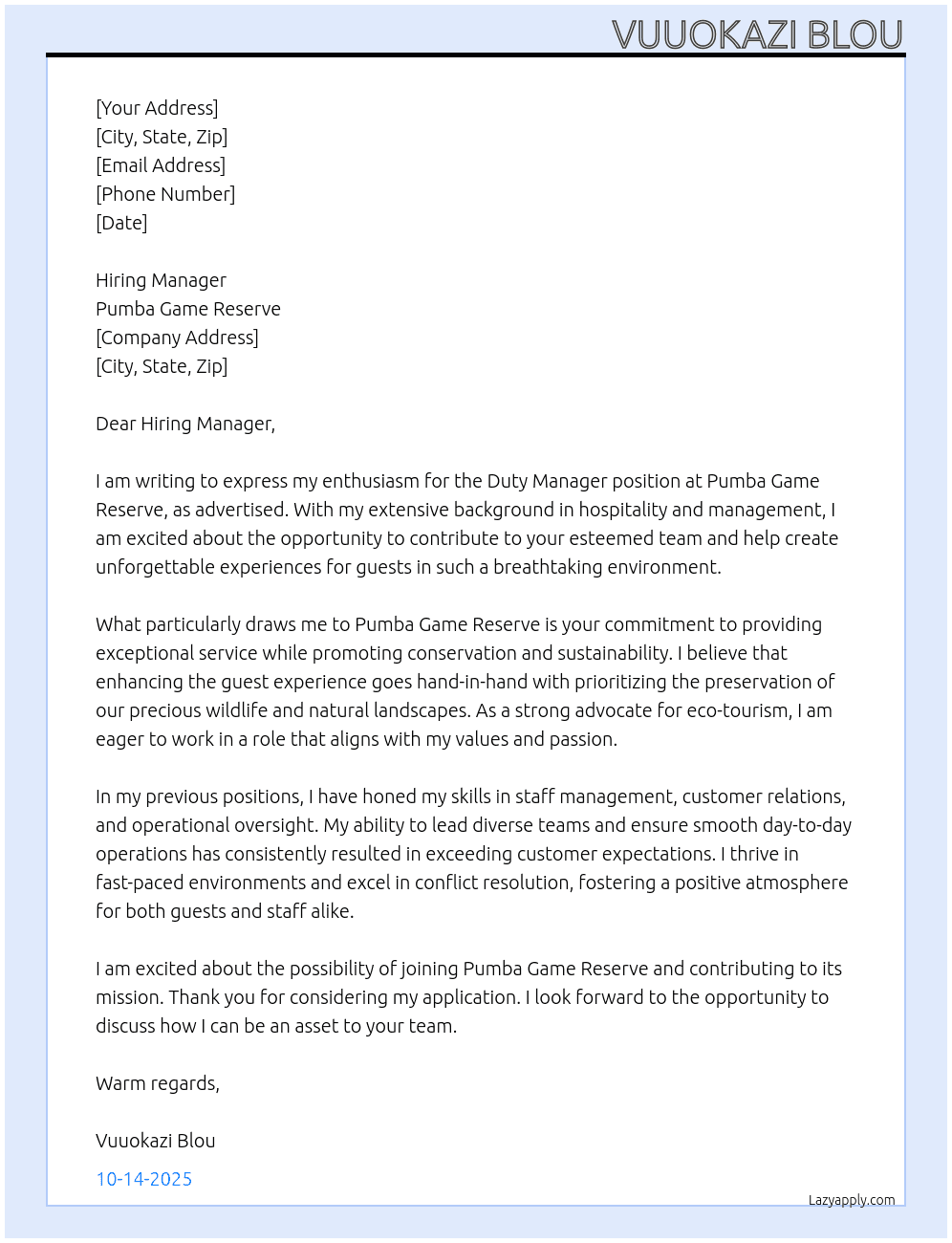 Duty manager At Pumba game reserve Cover Letter