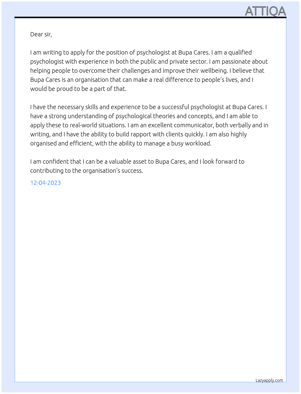 role of psychologist At bupa cares Cover Letter
