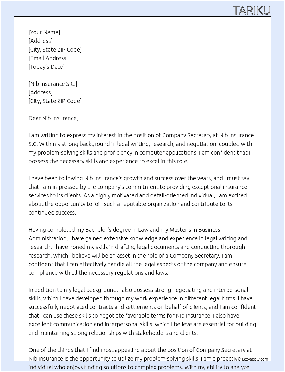 Company Secretary At Nib Insurance S.C Cover Letter