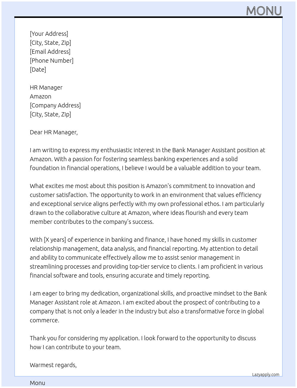 Bank manager assistant  At Amazon Cover Letter