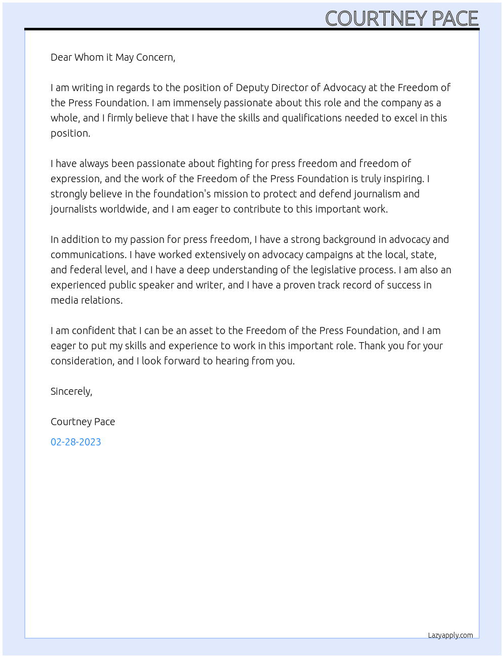 Deputy Director of Advocacy At Freedom of the Press Foundation Cover Letter