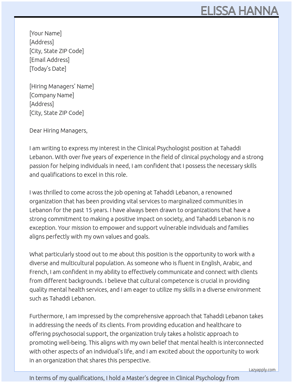 Clinical Psychologist At Tahaddi Lebanon Cover Letter