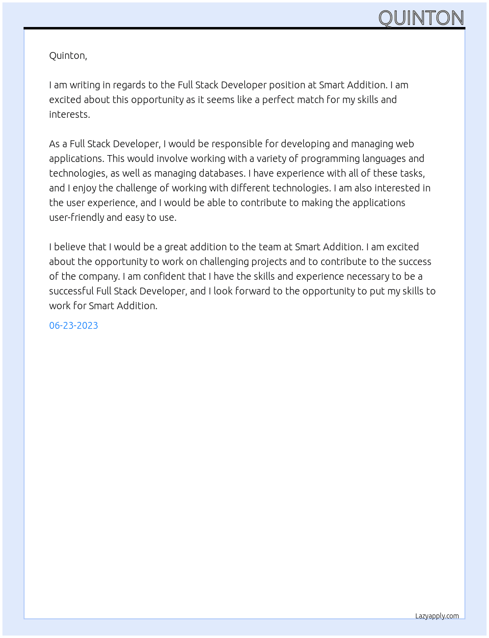 Full stack developer At Smart Addition Cover Letter