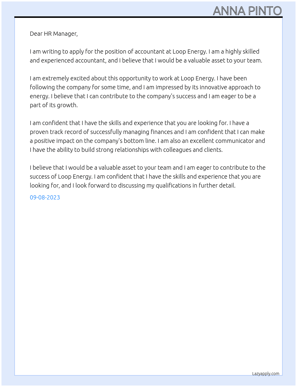 Accountant At Loop Energy Cover Letter
