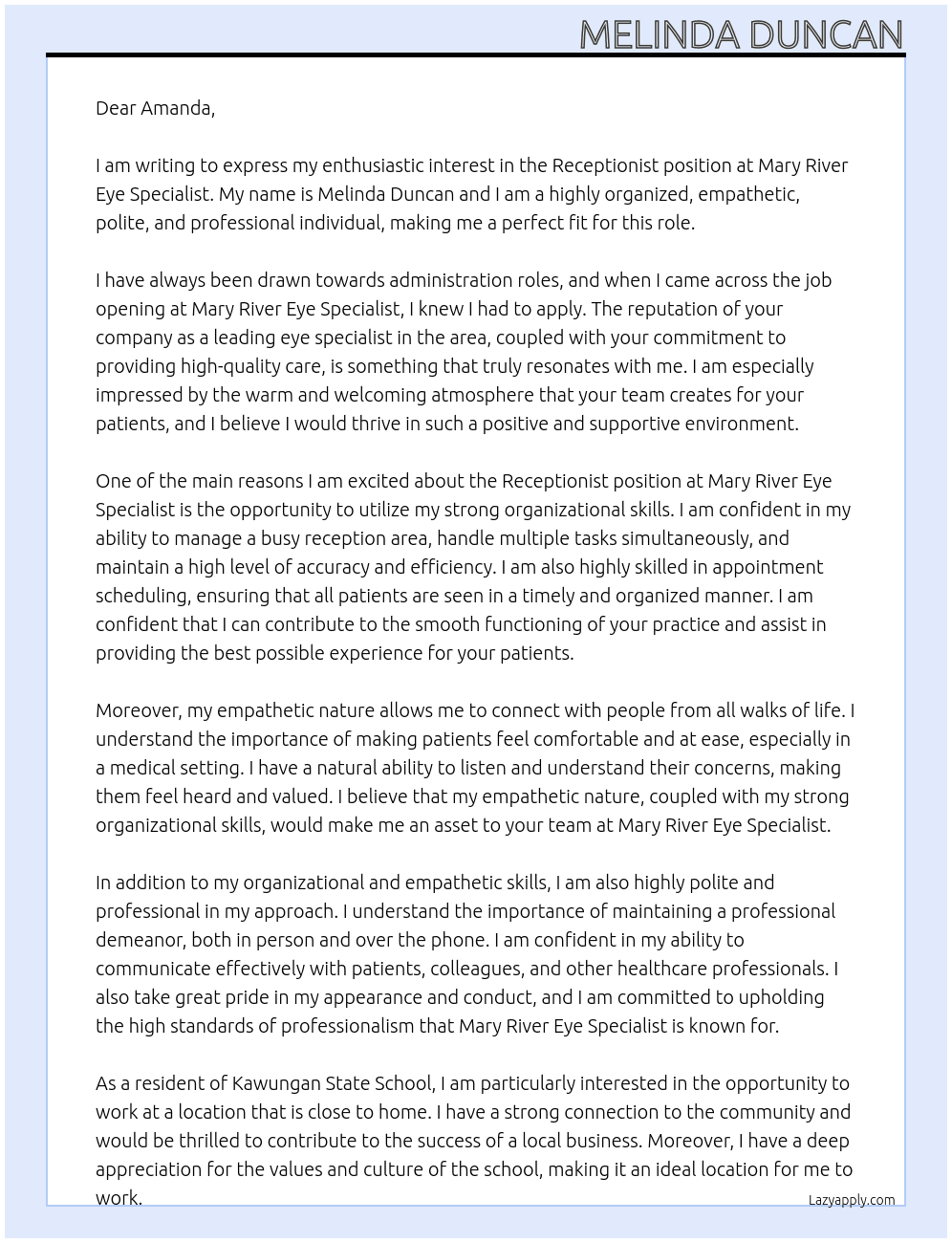 Receptionist At Mary River Eye Specialist Cover Letter