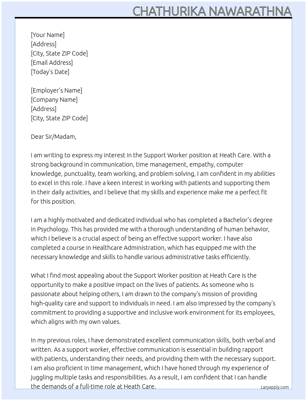 Support worker At Heath care Cover Letter
