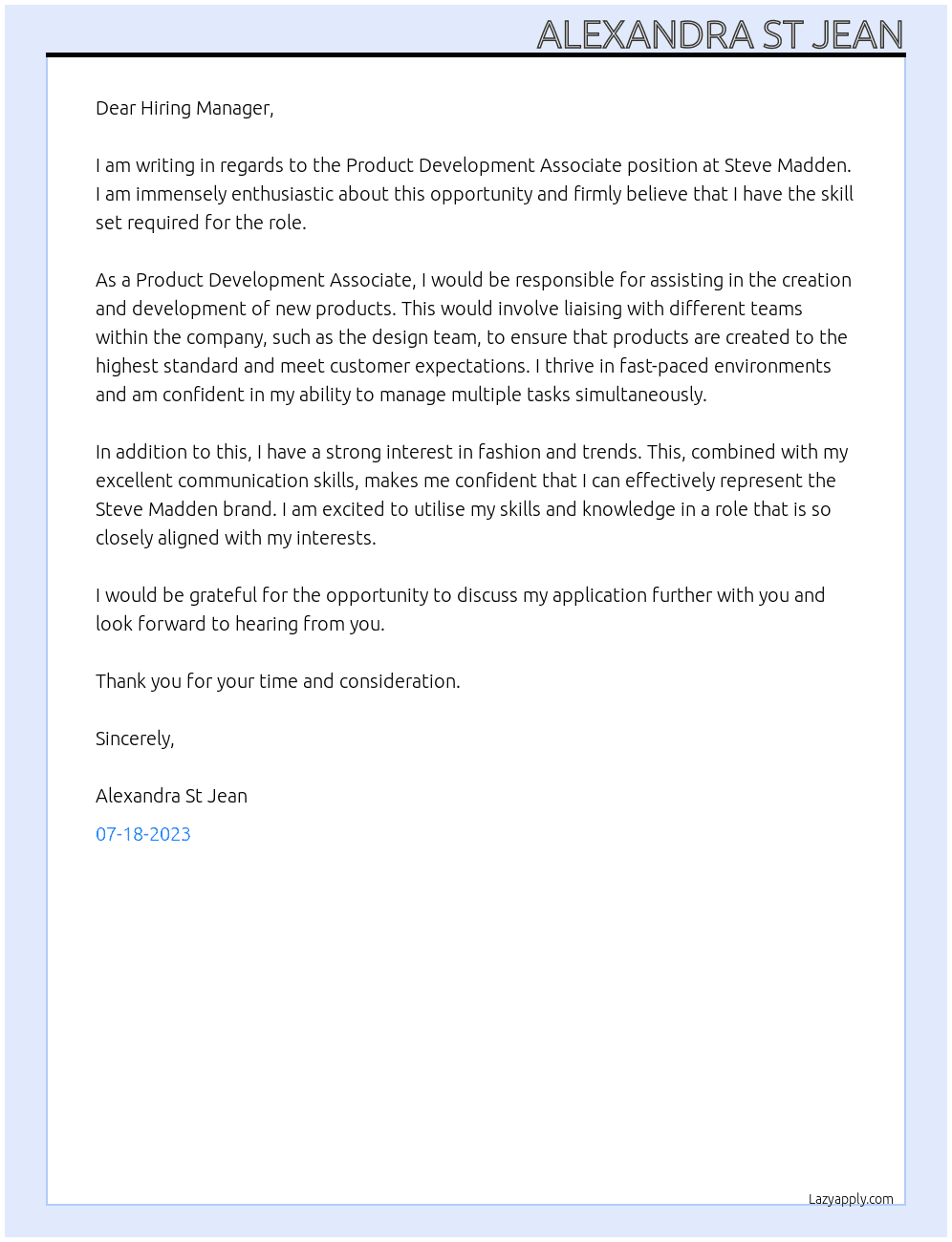 Product Development Associate At Steve Madden Cover Letter