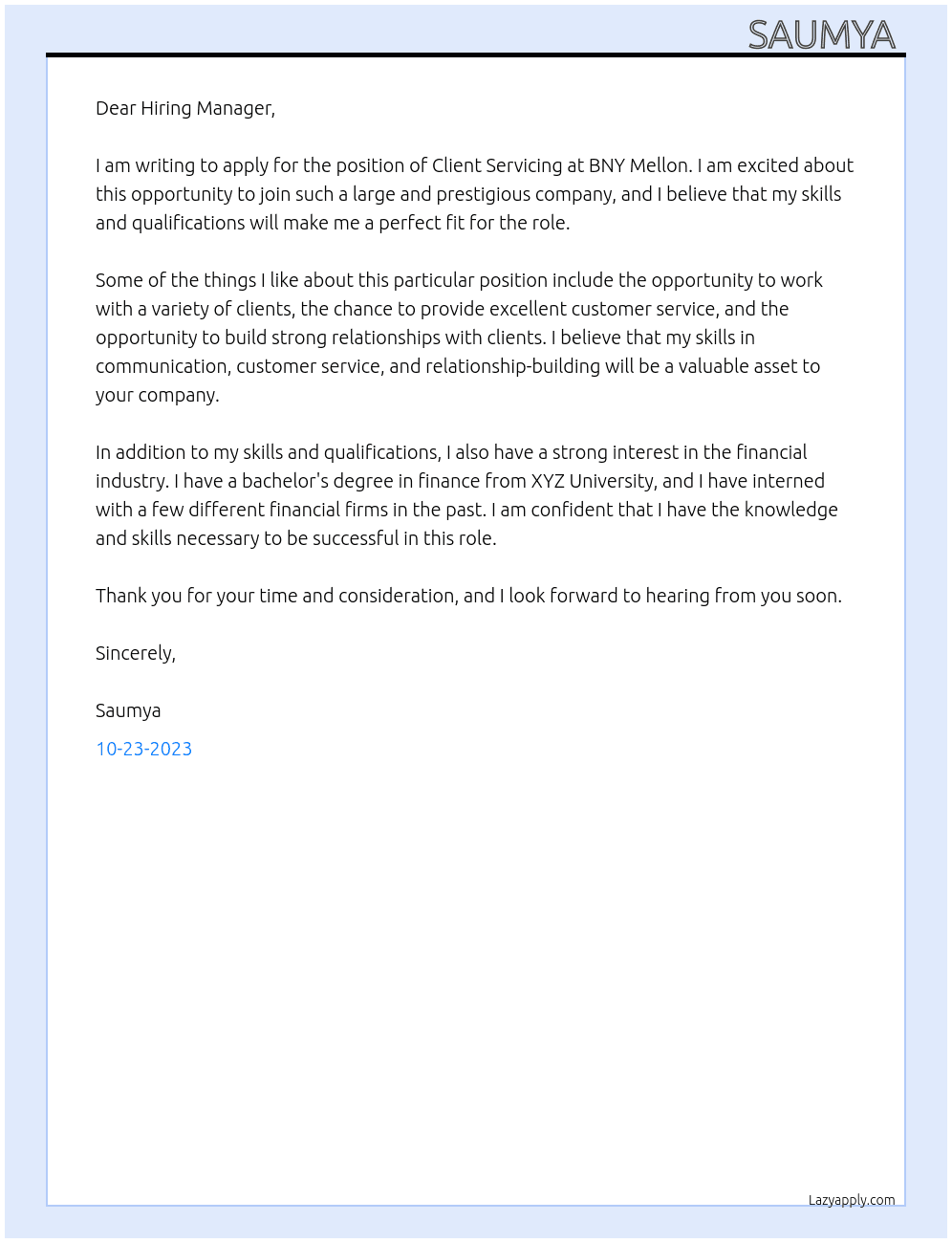 Client servicing  At BNY Melon Cover Letter