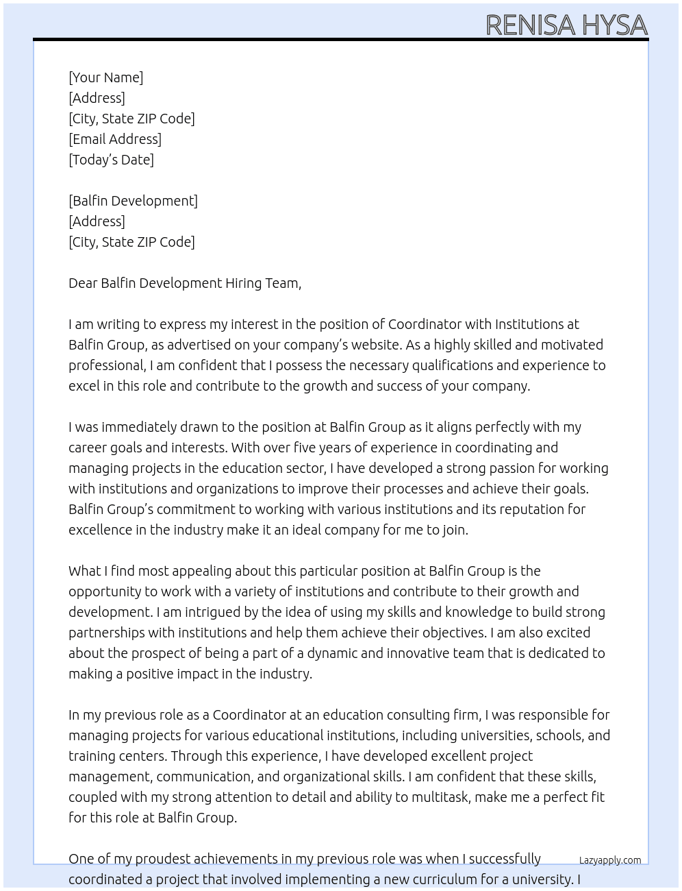 Coordinator with Institutions At Balfin Group Cover Letter