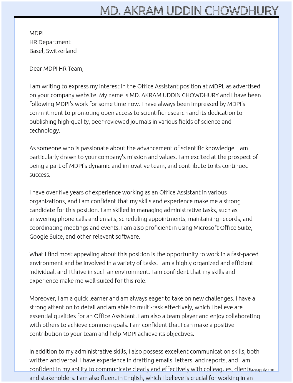 Office assistant At MDPI Cover Letter