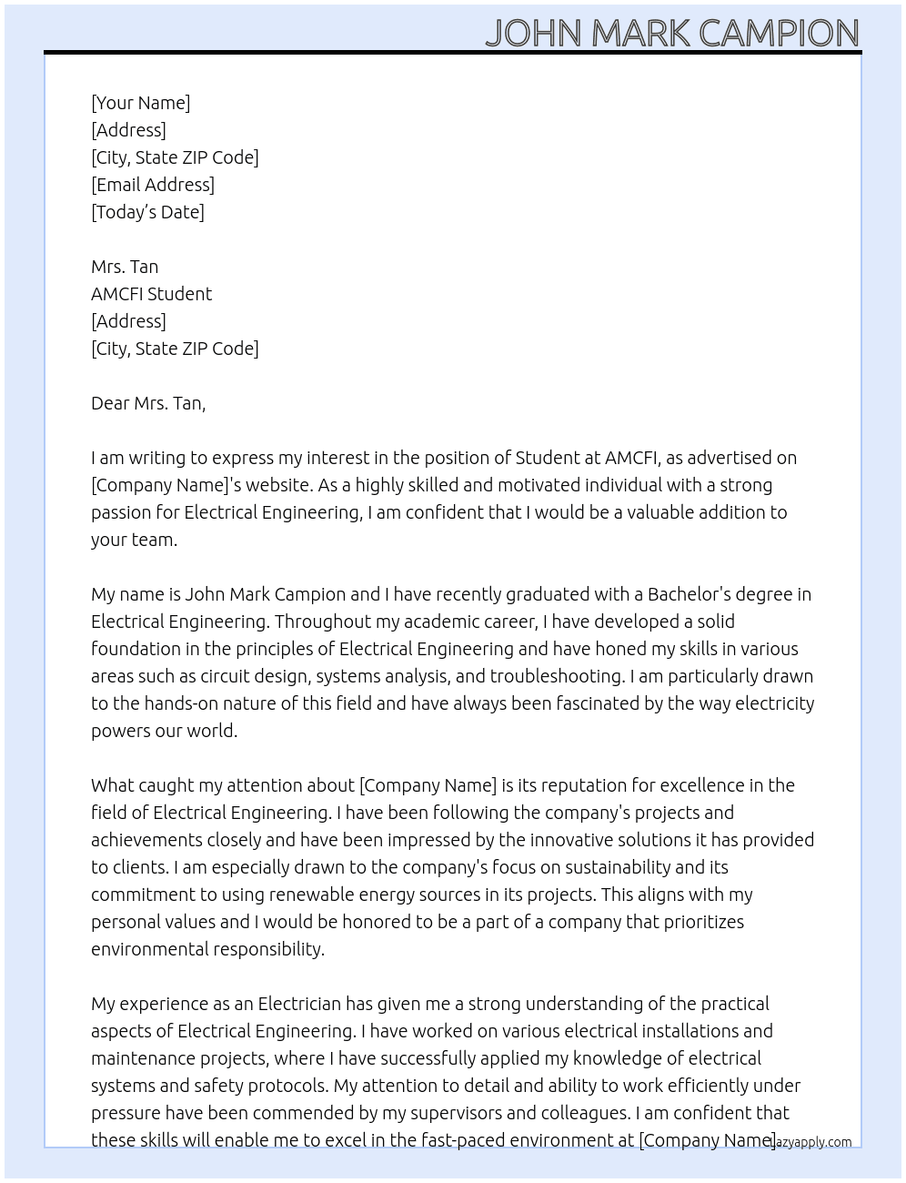 Cover letter for student at amcfi - LazyApply