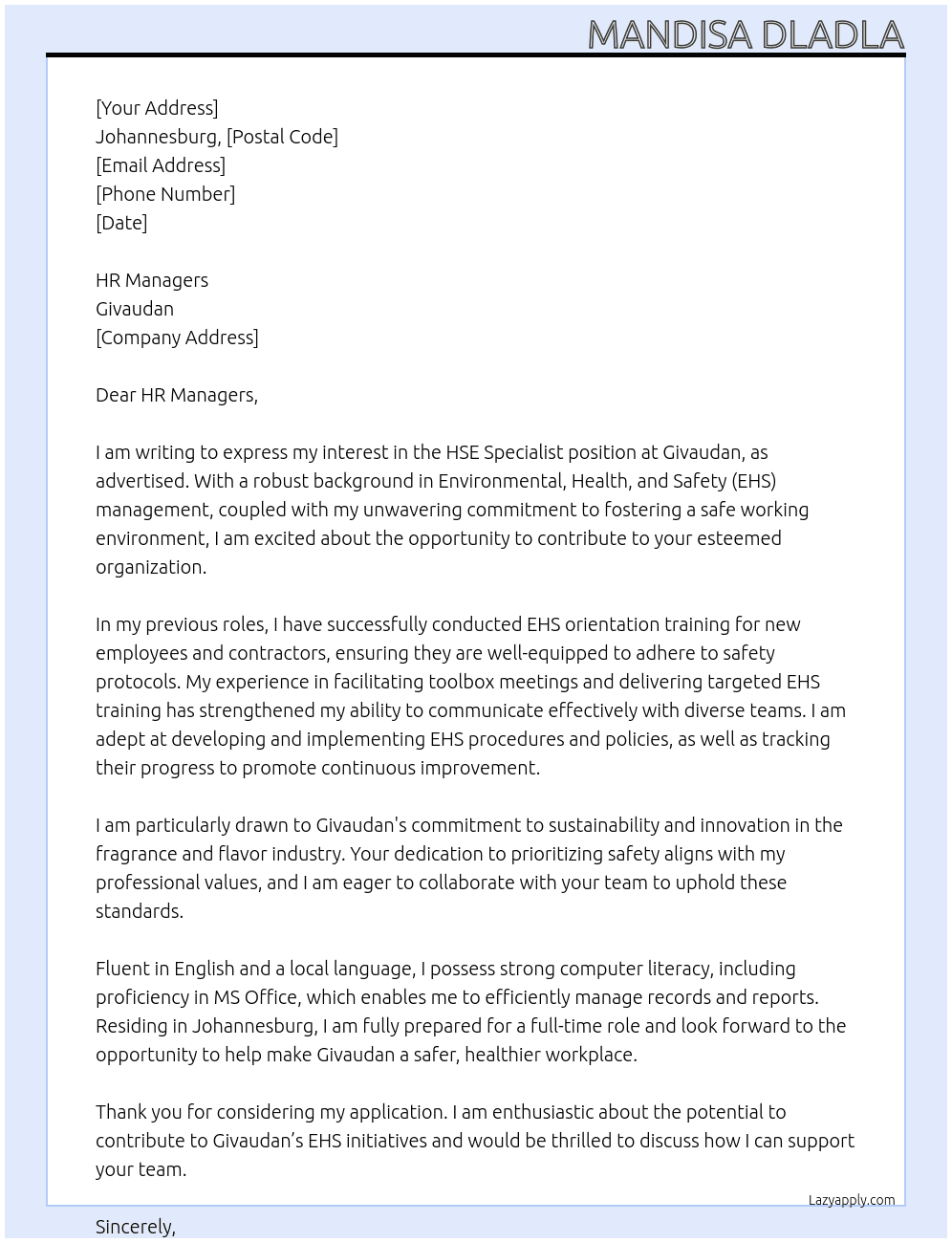 HSE  Specialist At Givaudan Cover Letter