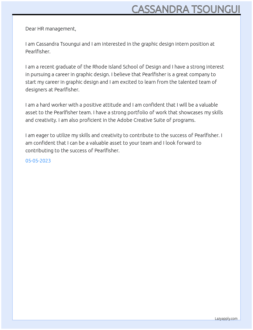 graphic design intern At Pearlfisher Cover Letter
