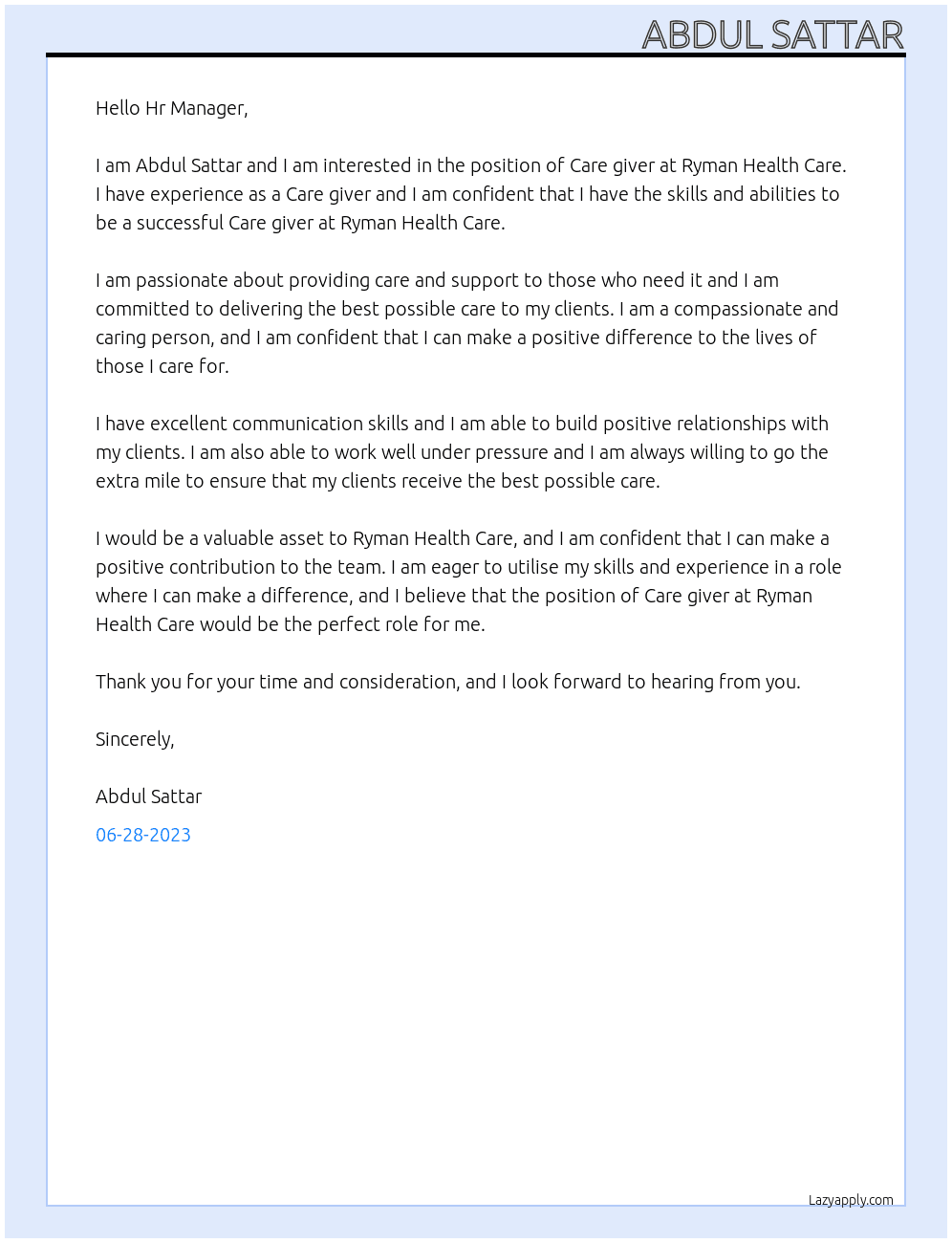 Care giver At ryman health care Cover Letter