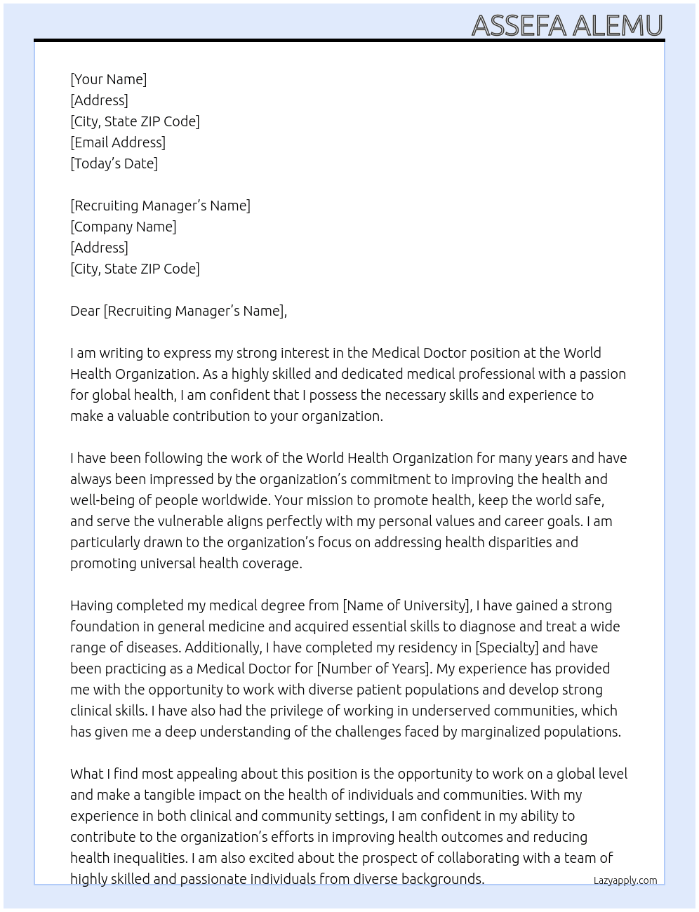 Medical doctor  At World health organization  Cover Letter