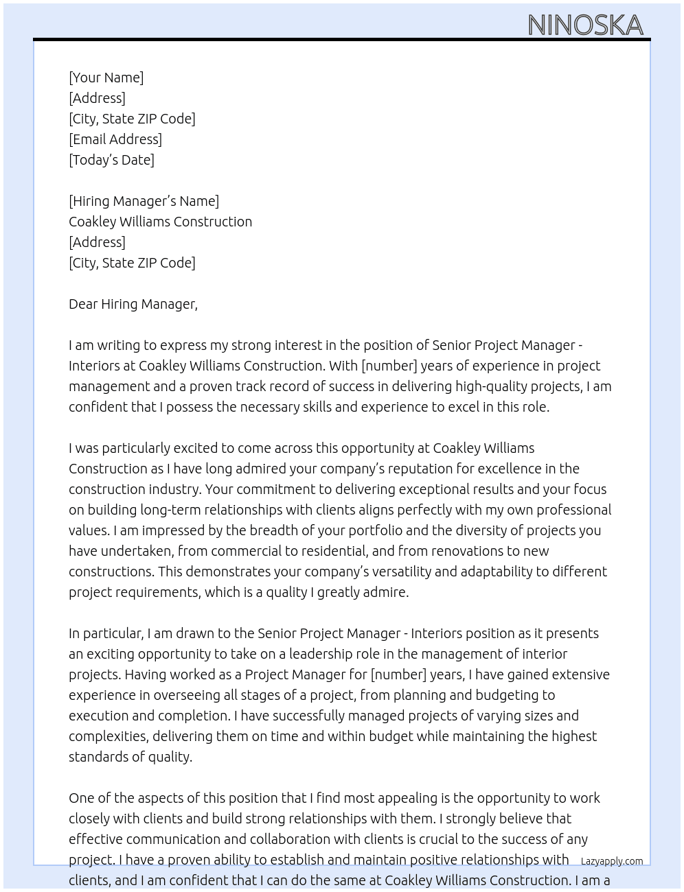 Senior Project Manager - Interiors  At Coakley Williams Construction  Cover Letter