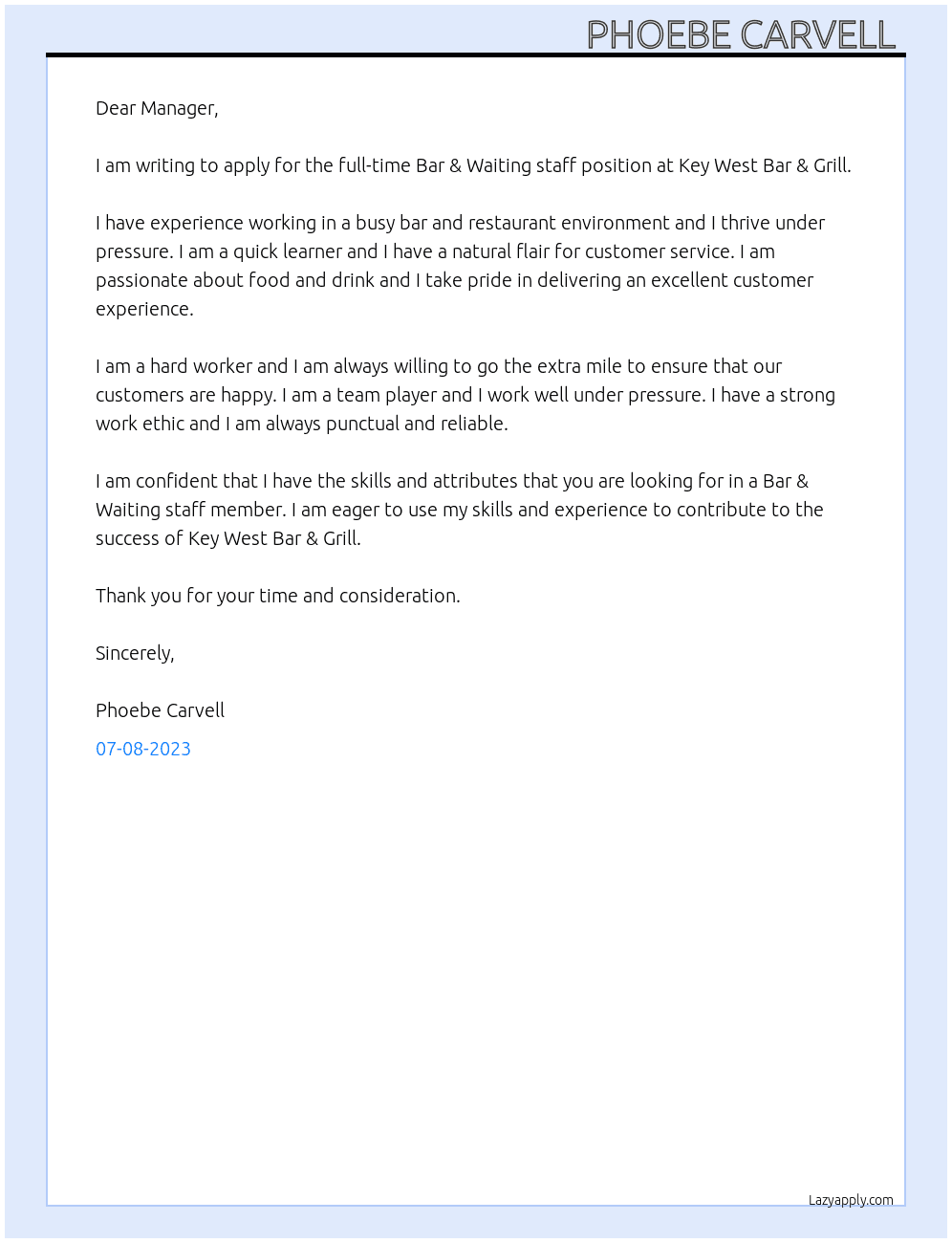 Bar & Waiting staff  At Key West Bar & Grill  Cover Letter
