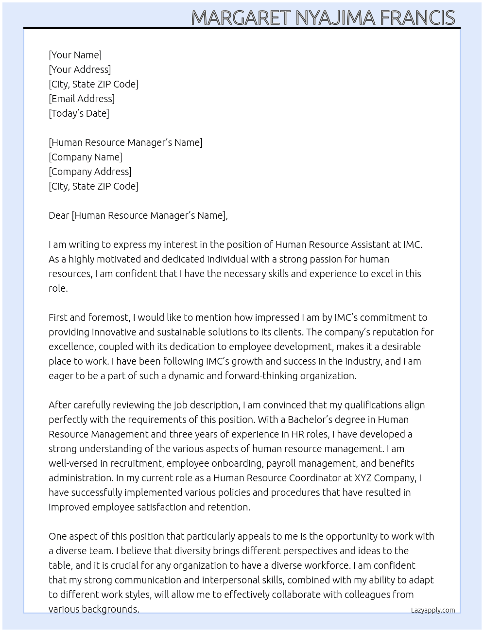 human resource assistant At IMC Cover Letter