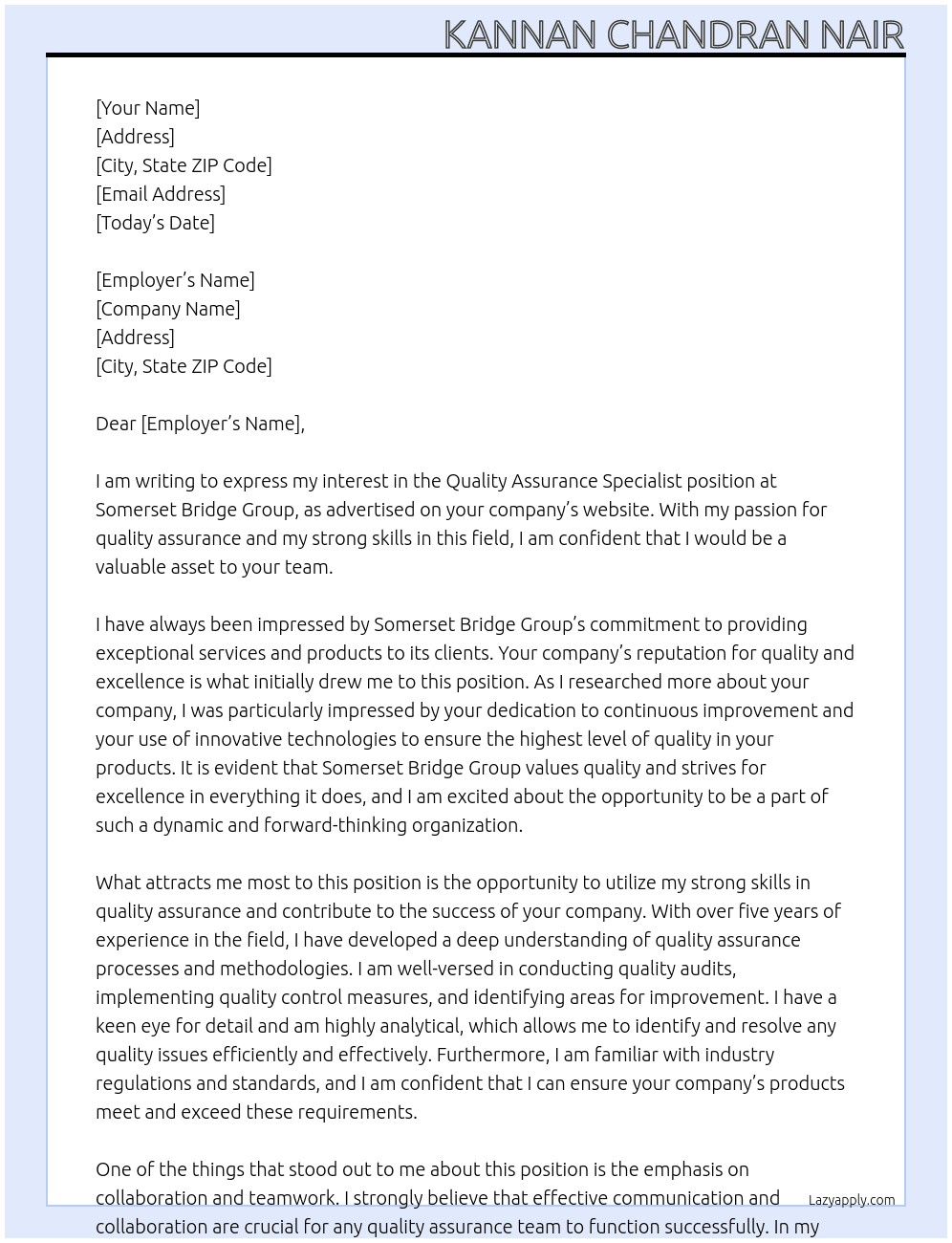 Quality Assurance Specialist At Somerset Bridge Group Cover Letter