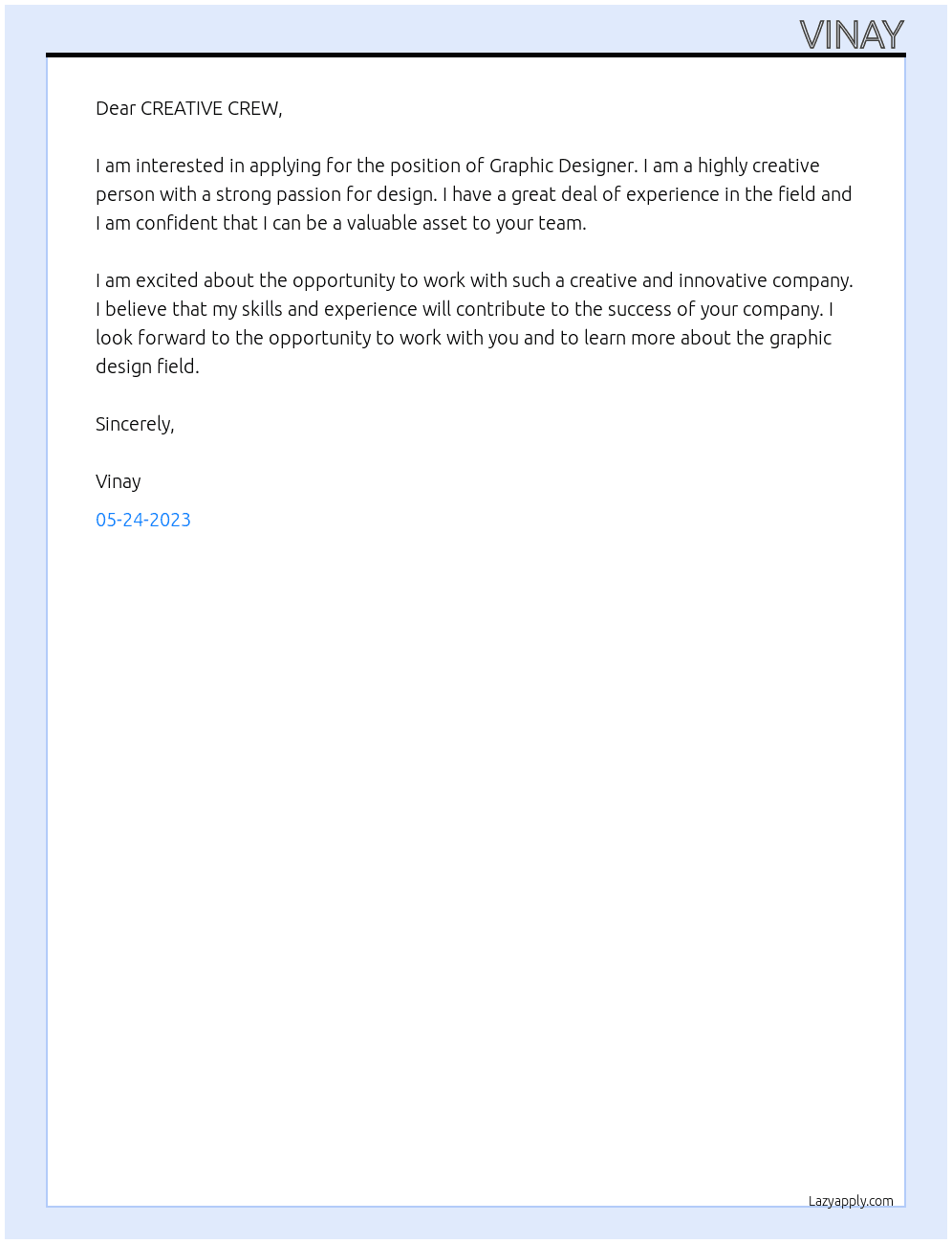 Graphic designer At CREATIVE CREW Cover Letter