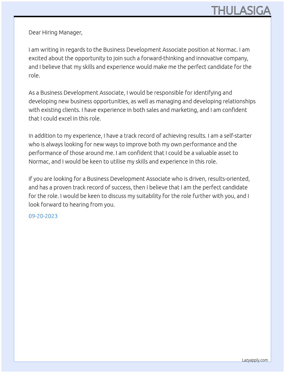 Business Development Associate At Normac Cover Letter